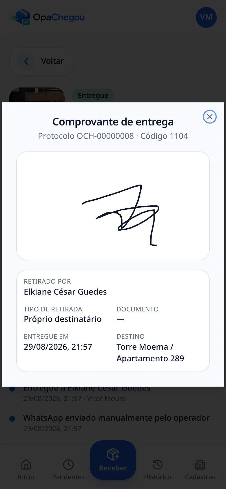 Comprovante de entrega no OpaChegou com assinatura digital, quem retirou, data e destino